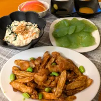 ☆チキンチキンゴボウ　☆刺身こんにゃく　☆白和え　☆リンゴ|chikakoさん