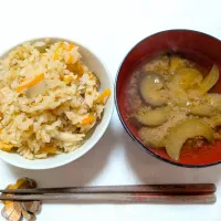 11/8の夕食　舞茸の炊き込みご飯と茄子の味噌汁|卯月さん