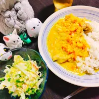にんじんクリームチキンカレー、キャベツとカニカマの明太マヨサラダ|サトリさん