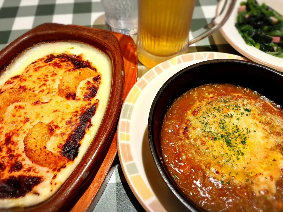 タラコのポップコーンシュリンプのドリア＋たまねぎのズッパ＋ほうれん草のサテー ¥900|Blue Moon Caféさん