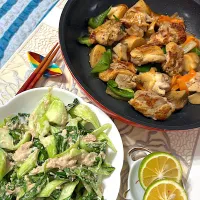 チンゲンサイとシーチキンの生サラダ　鶏肉とエリンギの鉄板焼き|卍さん