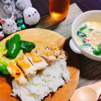 押し麦ご飯、小松菜と卵のとろみスープ、グリル塩チキン＆グリル野菜| サトリさん