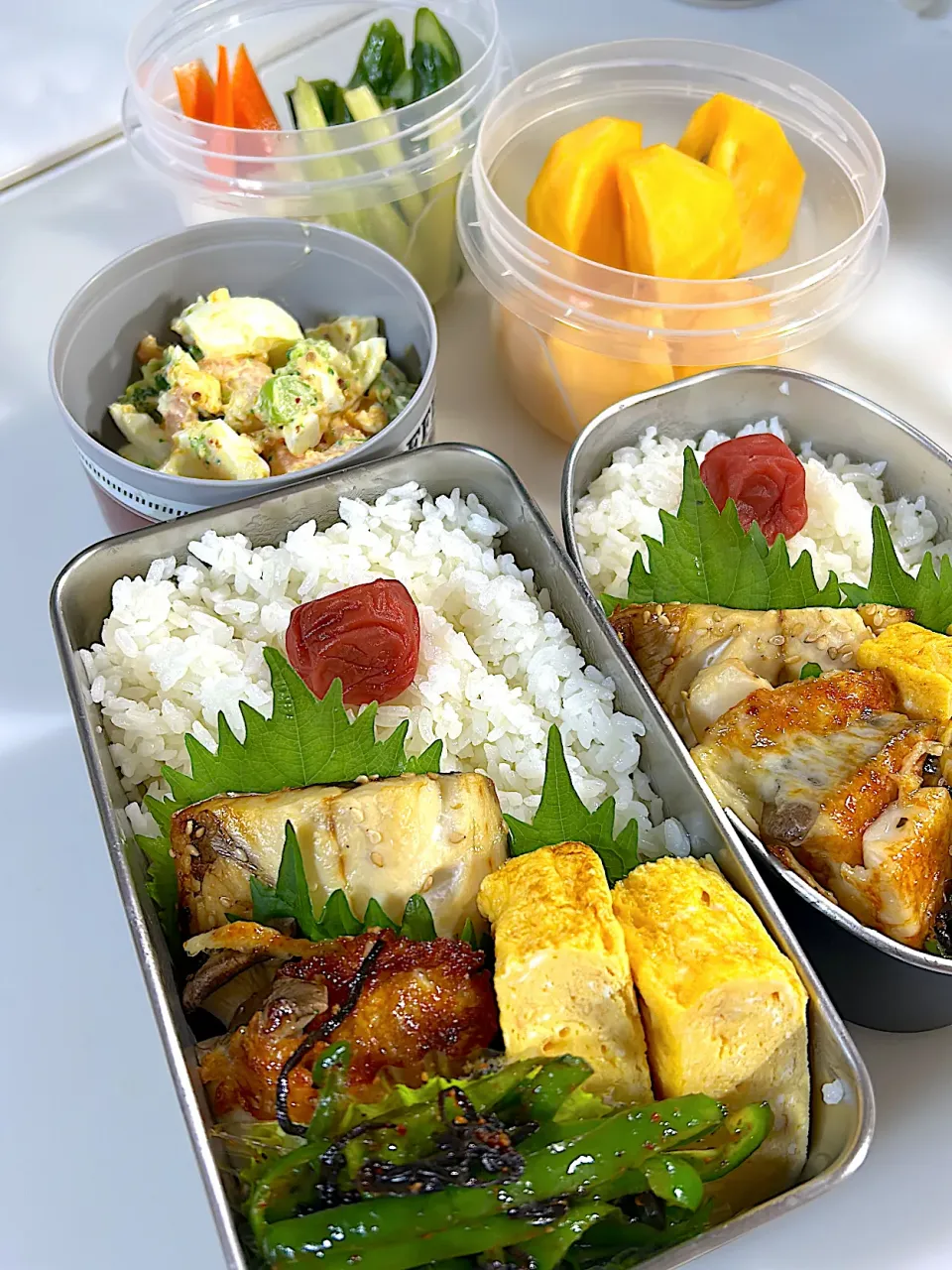 鯖の塩焼き　エリンギチーズ焼き　ピーマン塩昆布炒め🫑だし巻き玉子　海老と玉子とブロッコリーのマスタードゆず七味サラダ　自家製糠漬け(きゅうり、人参、セロリ、大根)我が家の合わせ柿|まゆさん