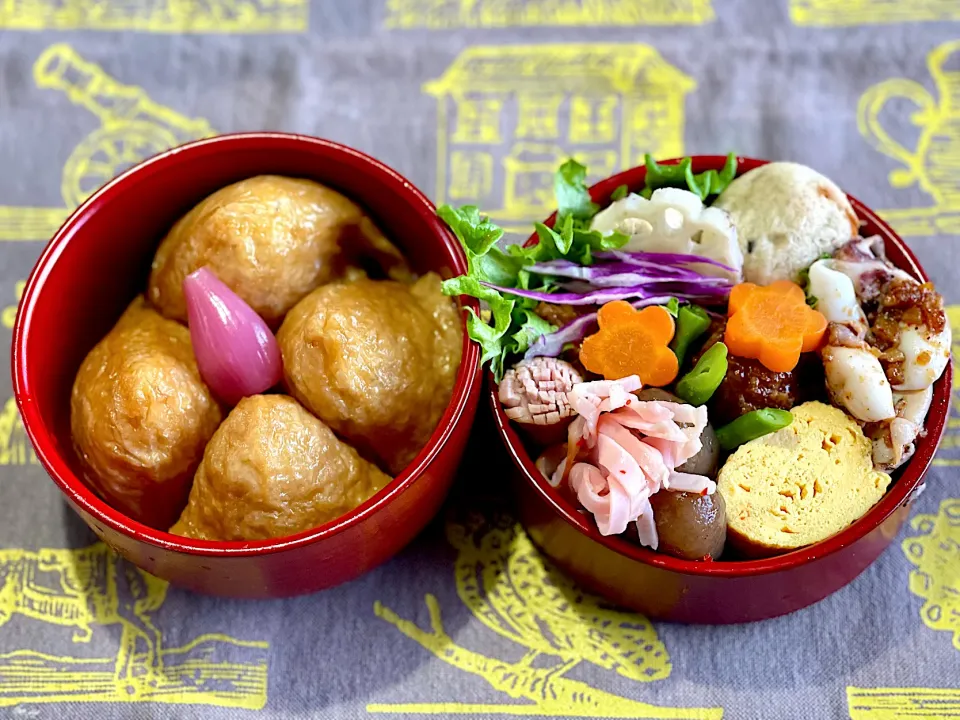 おいなりさん、ヤリイカ中華醬、がんもどき抱き合わせ、出し巻き卵|めみさん