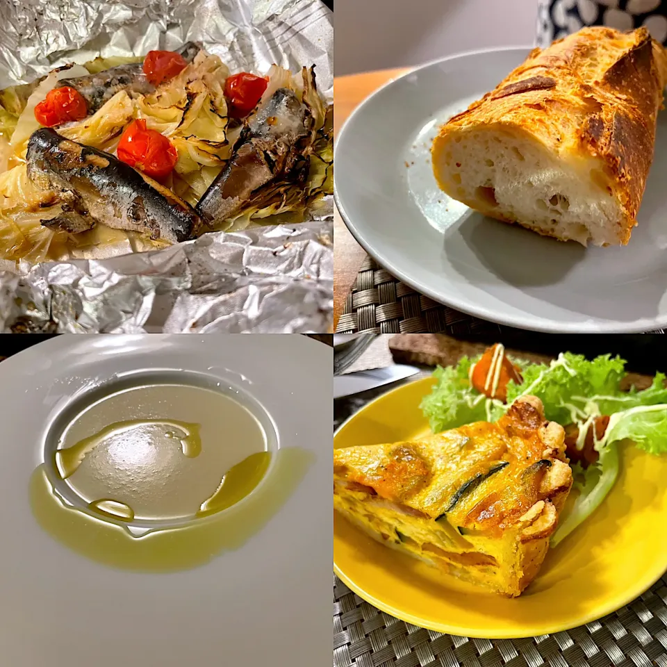 ジャガイモポタージュ、キッシュ、オイルサーディンとキャベツのグリルの宴|なお🅿️さん