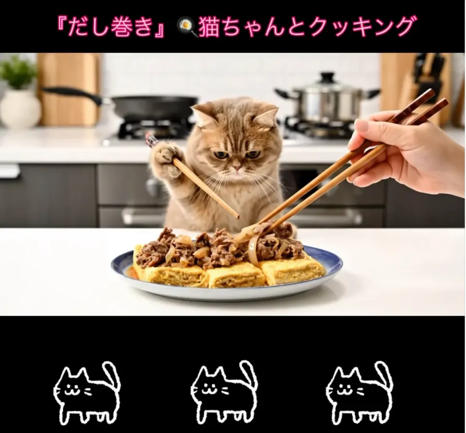 AI猫ちゃんとクッキング動画🎥世界の食文化🇯🇵日本の和食『国産甘辛牛と自家製だし巻き』 掲載レシピよりご紹介【公式】料理研究家 指宿さゆり|【公式】料理研究家　指宿さゆり≫ｽﾀｼﾞｵ（ｽﾀｯﾌ運営）さん