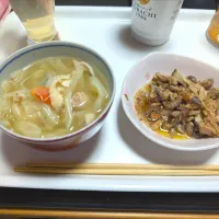 11/9（日）夕食。白身魚と豚バラのキャベツにんにくバター鍋。しいたけのツナマヨ炒め。|へいちゃんさん