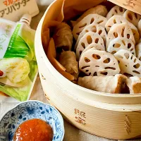 れんこんの蒸籠蒸し＆えのきの豚肉巻～キャベツみそで～|にゃんぺこさん
