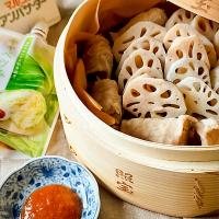 れんこんの蒸籠蒸し＆えのきの豚肉巻～キャベツみそで～