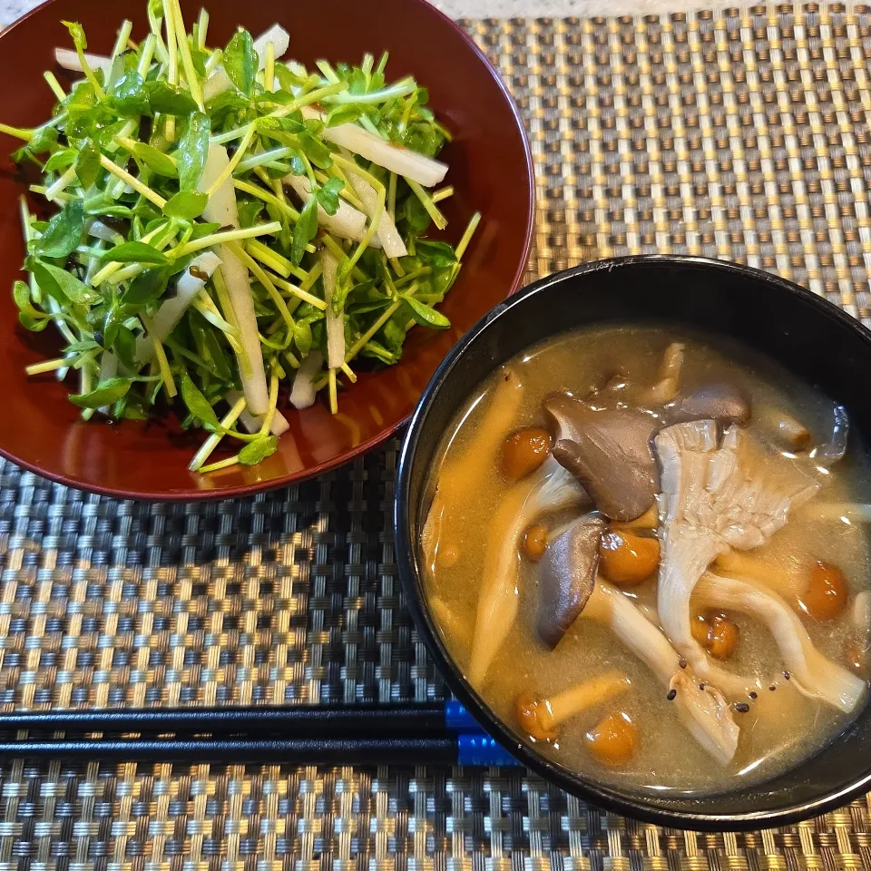 きのこ味噌汁と豆苗の塩昆布和えサラダ|aoiさん