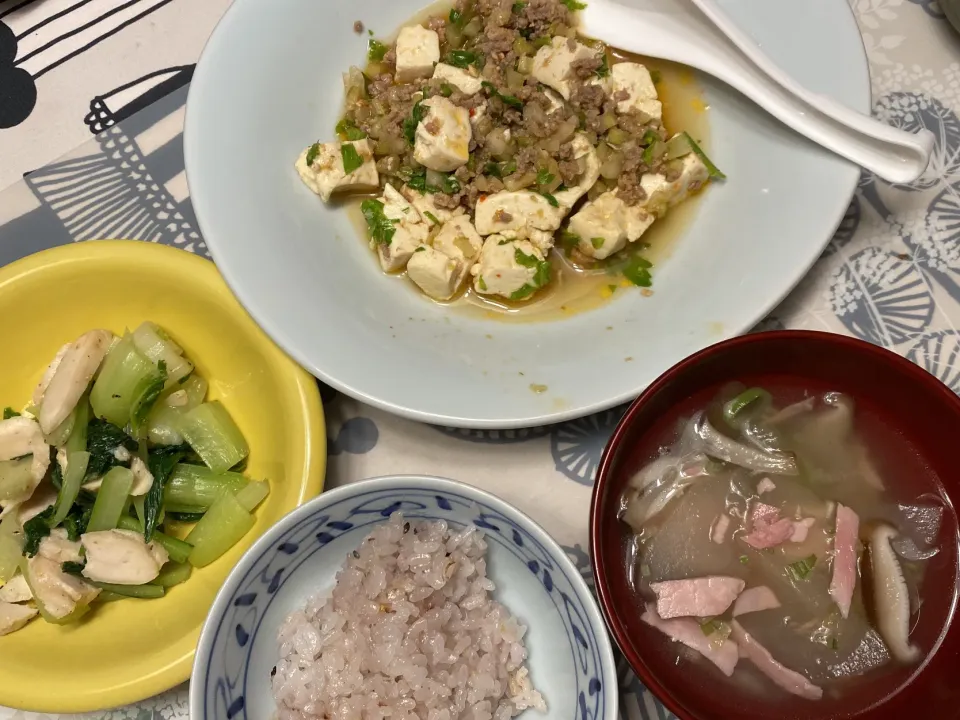蒸し麻婆豆腐、冬瓜スープ、青梗菜とスモークささみ|こむぎこさん