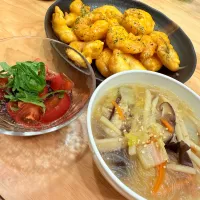 海老マヨ、中華春雨スープ、トマトもずく|もやぴさん