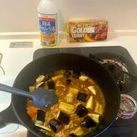 今日の晩ご飯⑤  「S&B ゴールデンカレー」のカレーソースをかけてさらに炒めます|なびさん