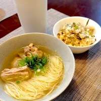 鶏塩素麺。野沢菜とジャコの混ぜ御飯。|⭐︎まーしー⭐︎さん