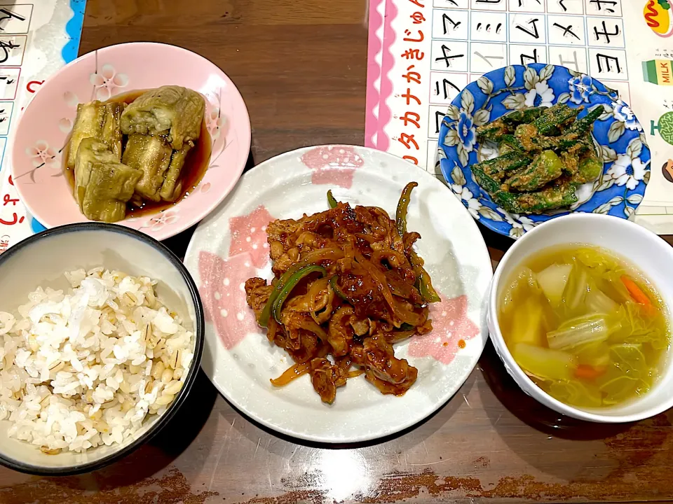 ポークチャップ　白菜とベーコンのスープ　オクラの胡麻和え　焼きなす|おさむん17さん