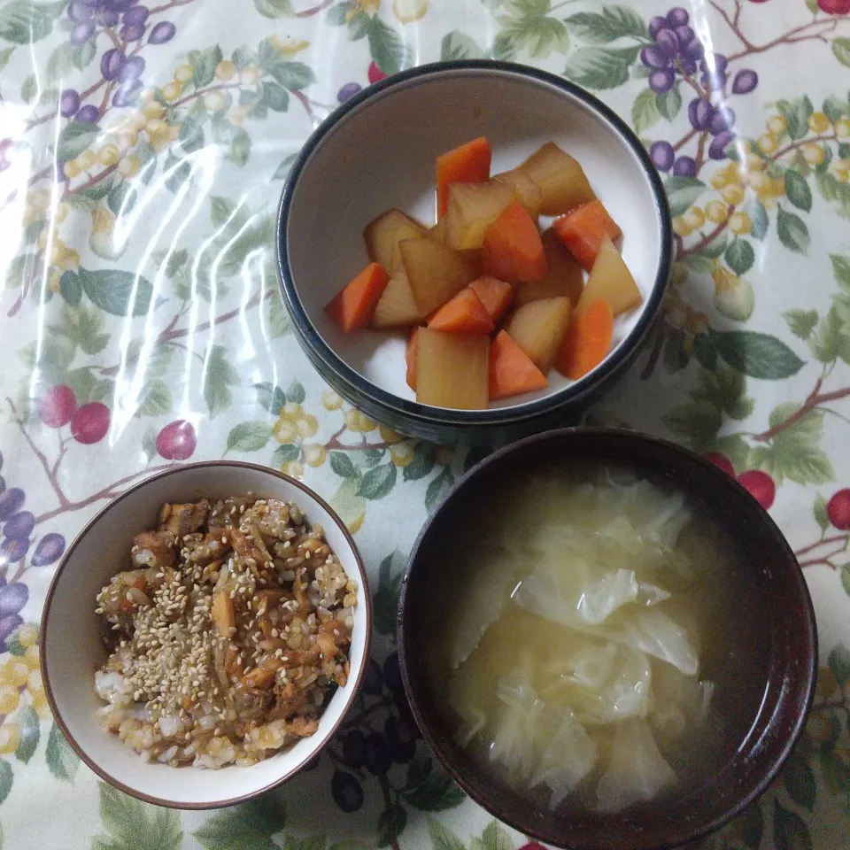 鮭ごはん  大根と人参の煮物  キャベツのみそ汁|はやとさん