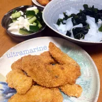＊サクサクあじフライ、海藻サラダ、長芋きゅうりのおひたし＊|ultramarineさん