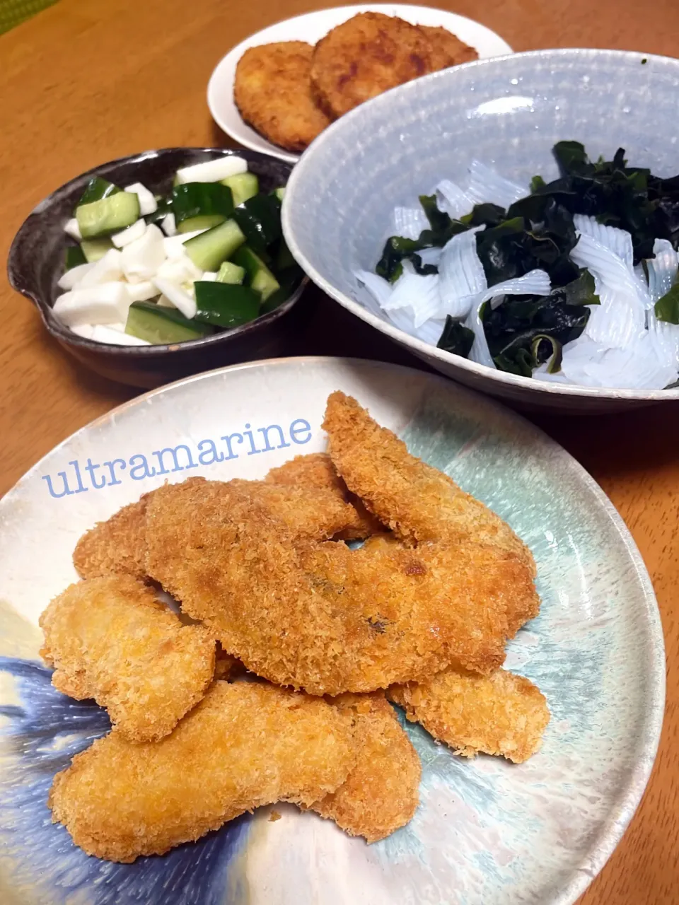 ＊サクサクあじフライ、海藻サラダ、長芋きゅうりのおひたし＊|ultramarineさん