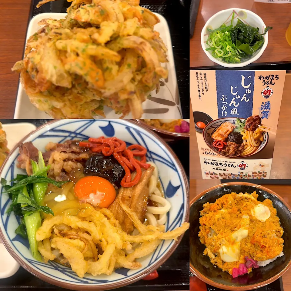 わがまちうどん　じゅんじゅん風ぶっかけ　ピリ辛そぼろ丼　チクワ紅しょうがかき揚げ|るみおんさん