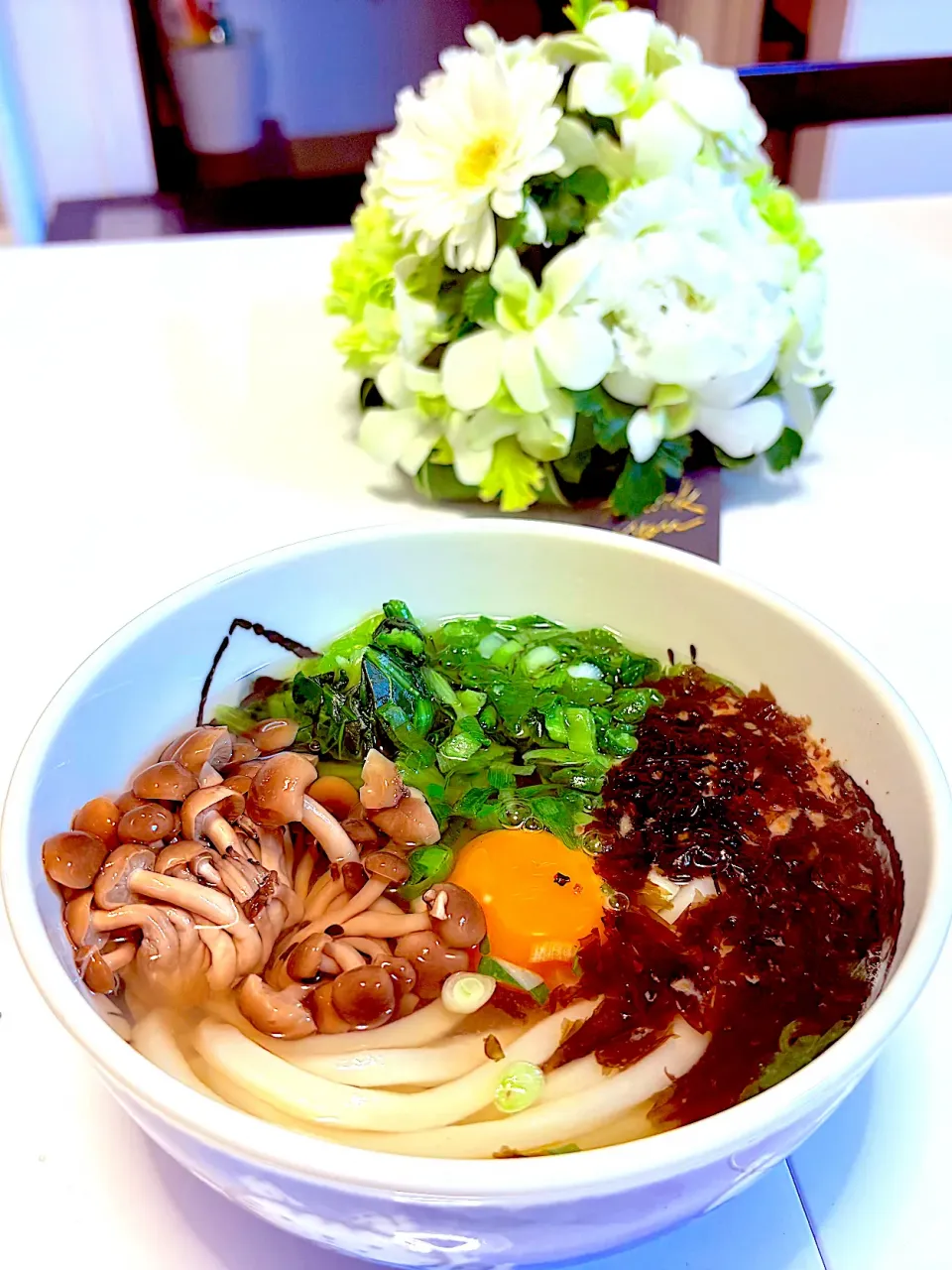 生海苔とキノコの月見うどん|マニラ男さん