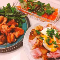 サーモンのカルパッチョ、素揚げじゃがいもと生ハムのバル風ポテトサラダ、ハニーマスタードチキン|samさん