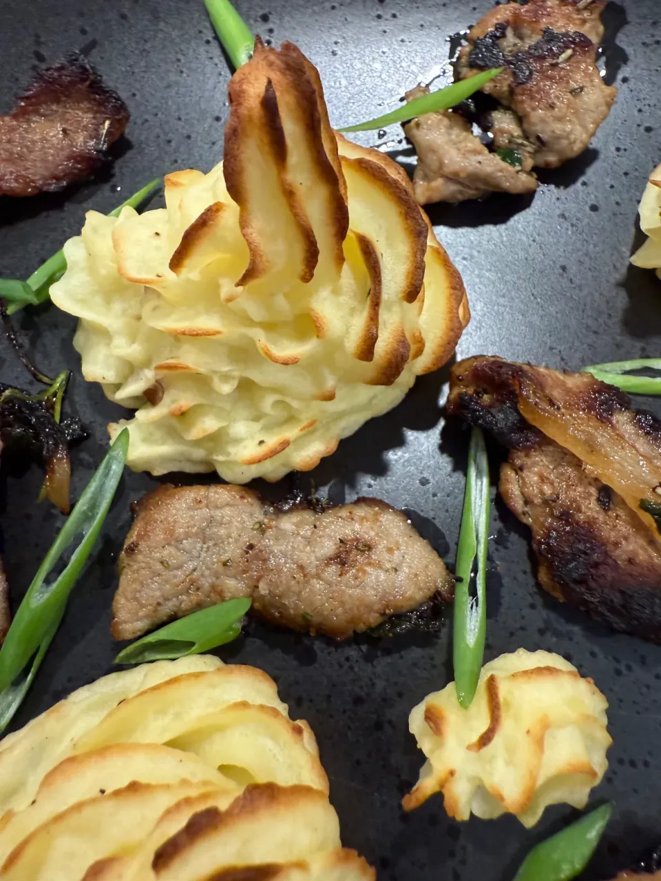 Pommes Duchesse (Duchess Potatoes). Pork shards in olive oil & herbes de provovance.  #classic #FrenchCuisine|Samさん