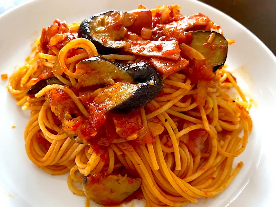 茄子とベーコンのトマトパスタ|単身赴任のっちさん