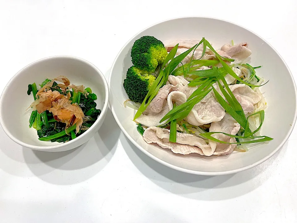 レンチンもやし水菜豚ロースwithほうれん草おひたし|あいこさん