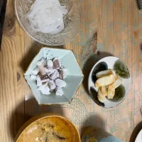 #イカのゲソポン酢　#イカそうめん　#イカのガリバタ炒め　#味噌汁|週末だけ料理おっさんさん