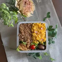 11/17❤︎主人のニ色そぼろ弁当🌱

＊ 鶏そぼろ
＊ たまごそぼろ
＊ たらこパスタ
＊ さつまいも天ぷら
＊ ほうれん草の生姜胡麻和え|Makinsさん