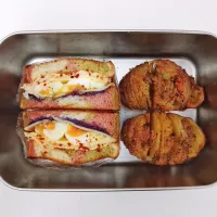 蓝莓火腿鸡蛋芝士三明治+风琴马铃薯|Yilinさん