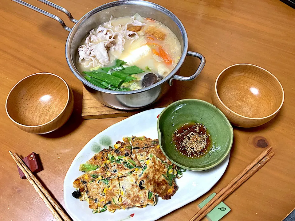 黒豆コーン小松菜のチヂミ🩵糀ミルク鍋|さくたえさん