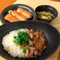 ☆豚肉しょうが焼き丼　☆エビ春巻　☆水菜煮浸し|chikakoさん