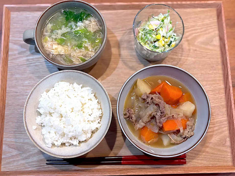 夜ご飯(肉じゃが、コールスロー、レタスたまごスープ)|cocomikaさん