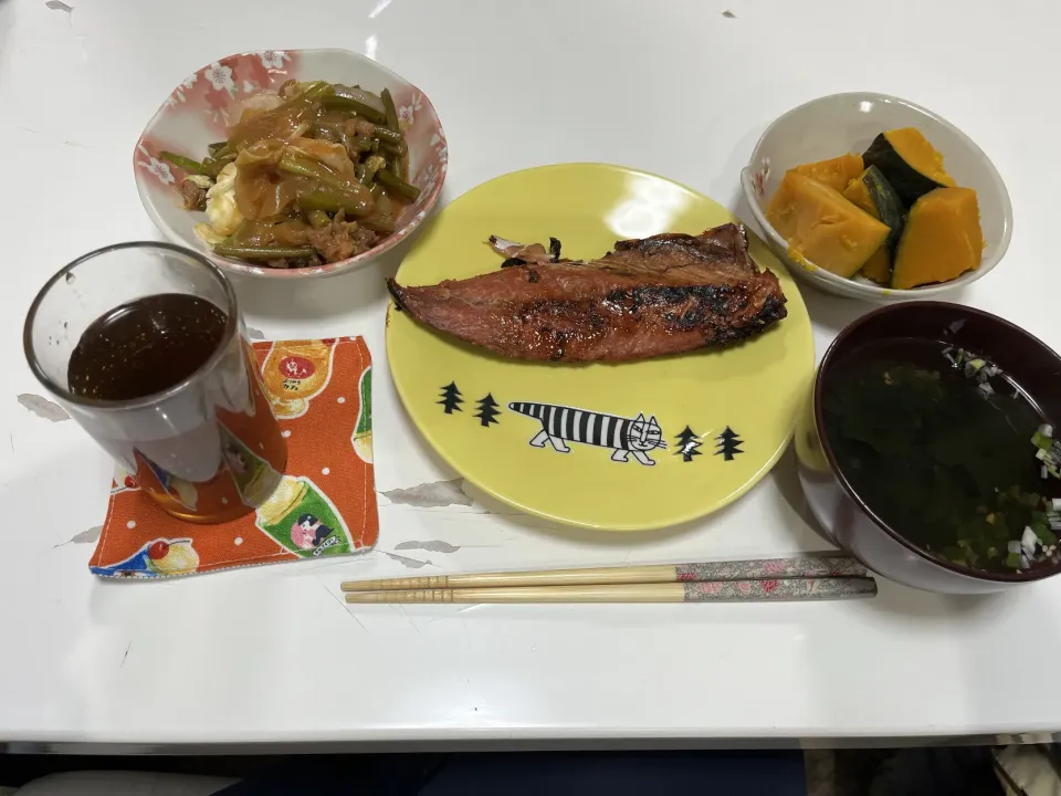 晩御飯☆わかめスープ☆かぼちゃの炊いたん☆鯖みりん☆豚スーシャー|Saharaさん