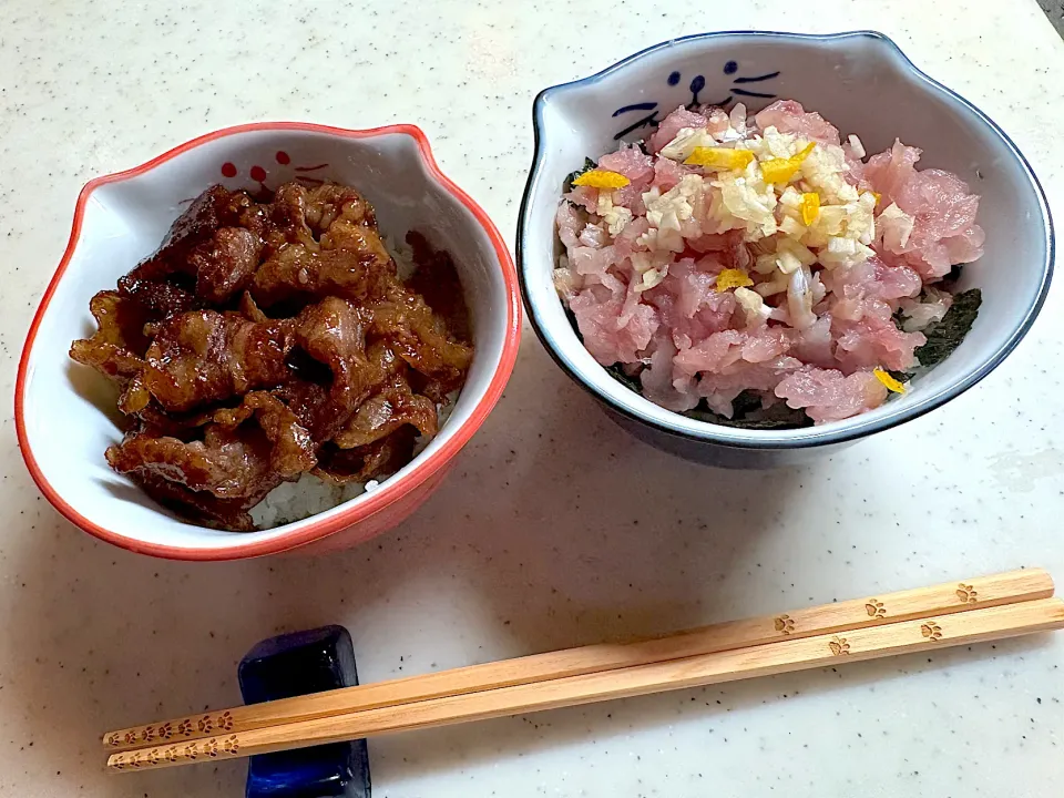 宮崎黒毛和牛焼肉丼と鯵の中落ち丼|こっぷさん