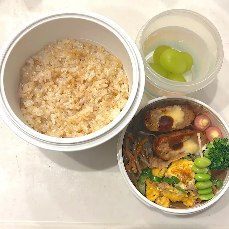 チーズハンバーグ
ピーマンそぼろ卵炒め
きんぴらごぼう
チーズウインナー
ブロッコリー
枝豆
バターライス|ayumomさん