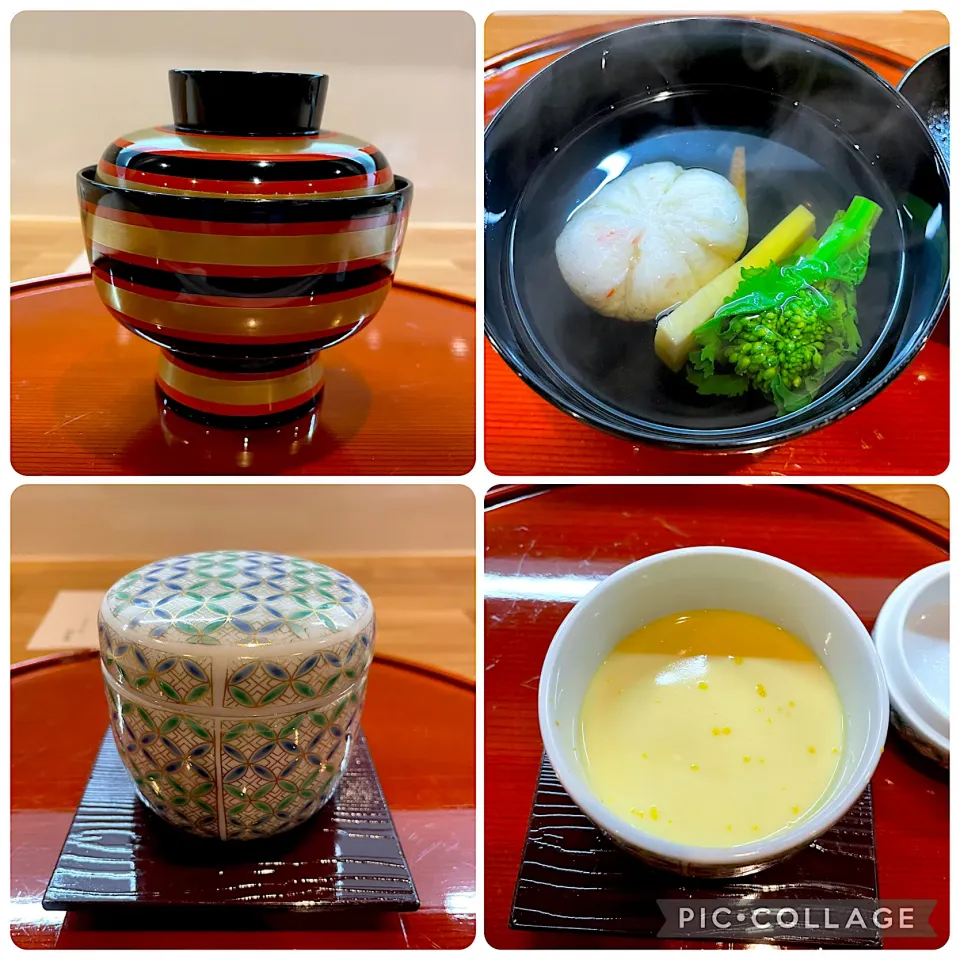 椀物（蟹真丈、菜花、清水産筍）、蒸物（白子入り茶碗蒸し）|こいちさん