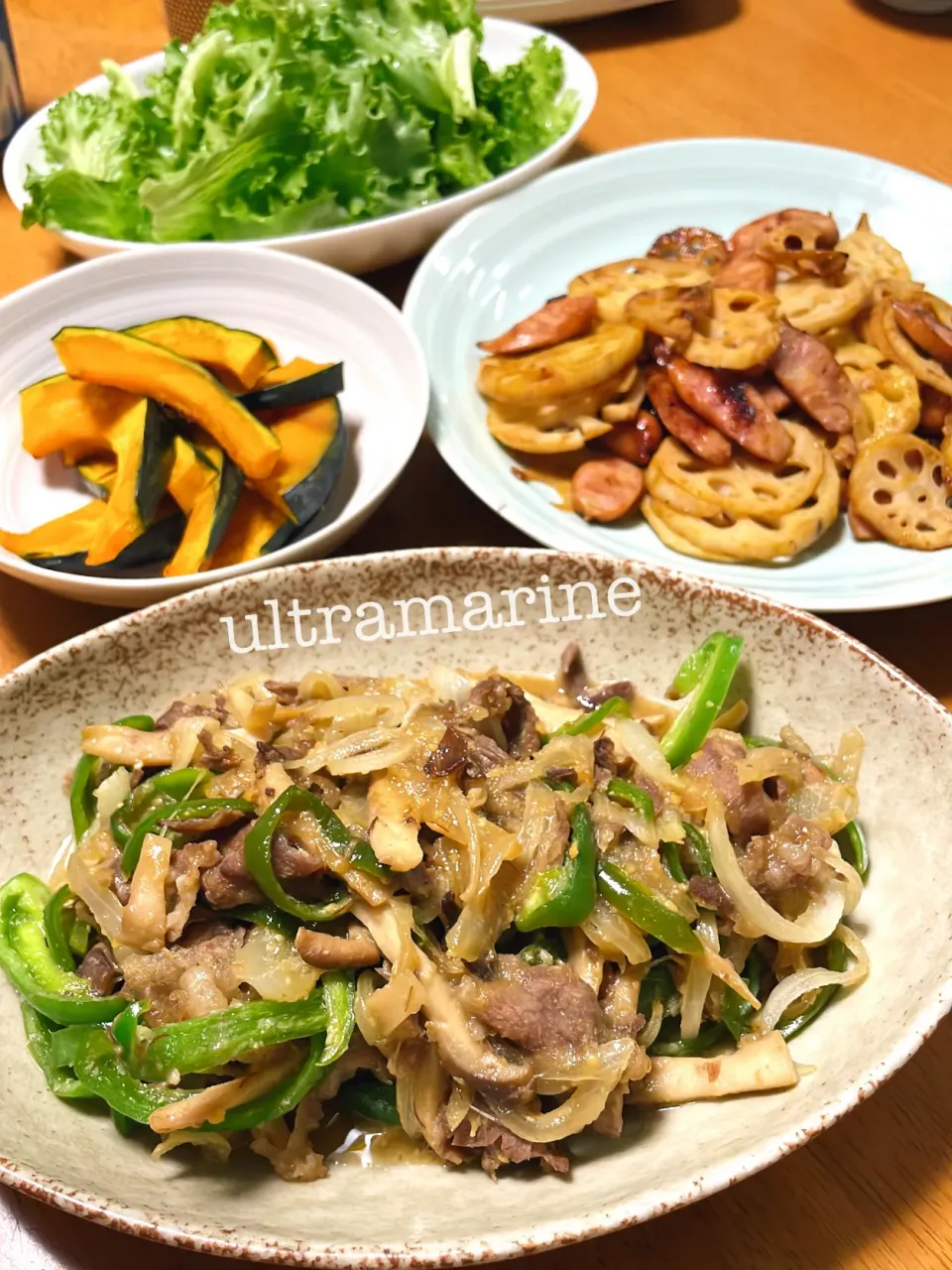 ＊牛こま甘辛炒めとソーセージれんこん、ローストかぼちゃで秋ごはん♪＊|ultramarineさん