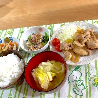 #豚の生姜焼き #小松菜とささみのお浸し #切り干し大根 #カボチャと白菜長ねぎのお味噌汁|しょうママさん
