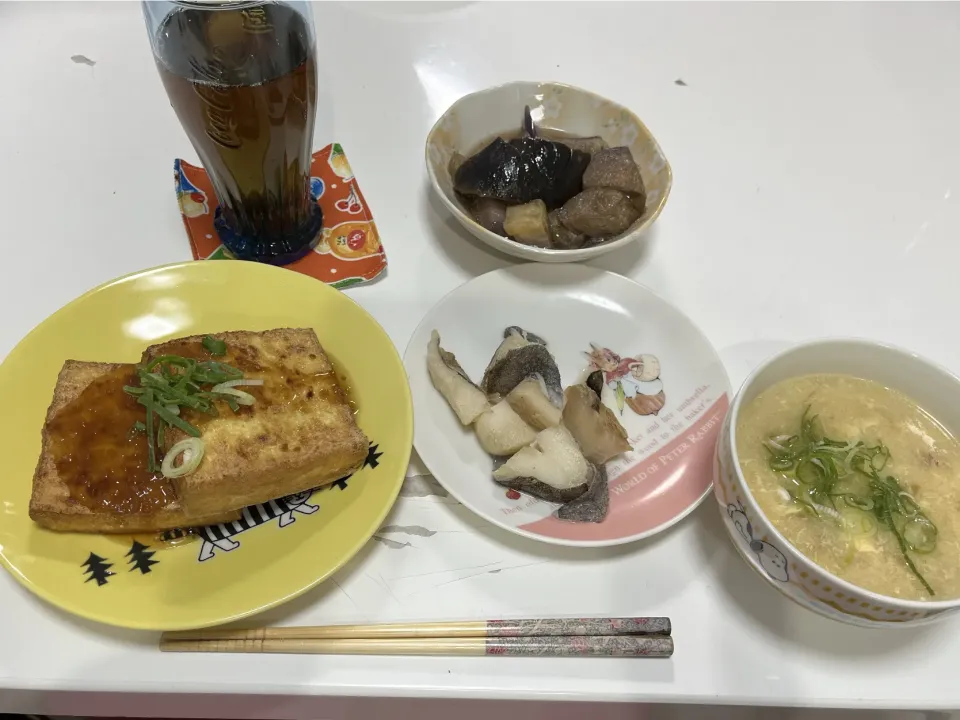 晩御飯☆アブラカレイの煮付け☆揚げなすの煮浸し☆厚揚げステーキ☆簡単ふかひれスープ|Saharaさん
