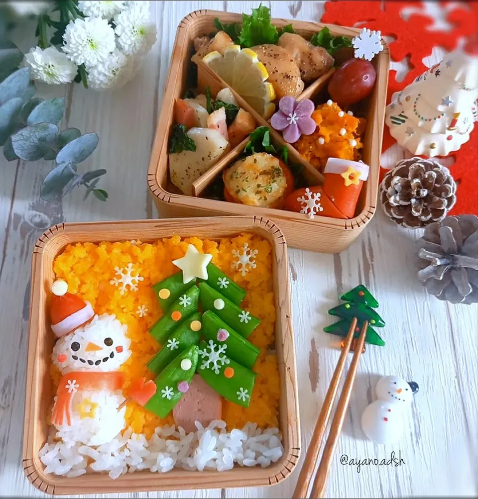 雪だるまとツリー🎄⛄
卵そぼろご飯の
クリスマス弁当|ayano.adshさん