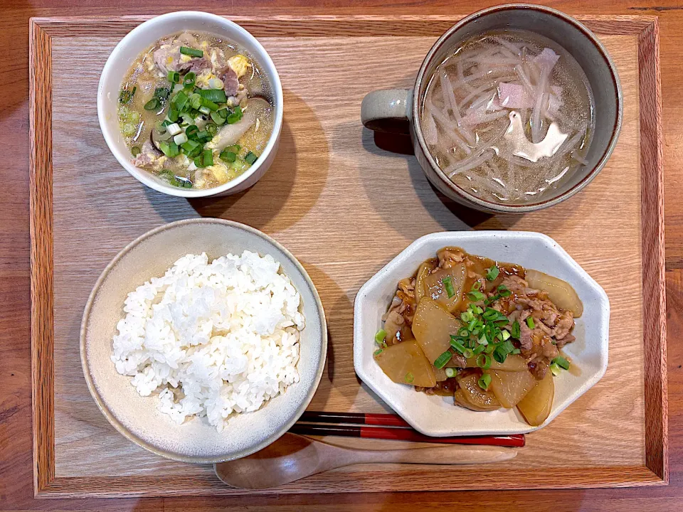 夜ご飯(豚バラ大根、豆腐の卵とじ、もやしスープ)|cocomikaさん