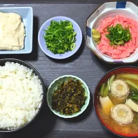 今日の朝ごはん（ごはんは高知県産コシヒカリ、マグロのすき身、みそ豆腐、いわしのつみれ汁、辛子高菜）|Mars＠釜飯作り研究中さん