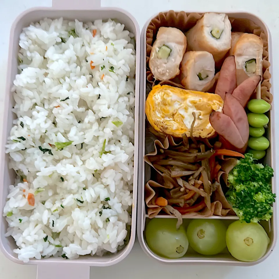 チーズと大葉のささみ焼き
きんぴらごぼう
卵焼き
シャウエッセン
ブロッコリー
枝豆
鮭若菜ご飯
シャインマスカット|ayumomさん