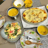 ラザニア、ブロッコリーと玉子のサラダ、　　かぼちゃスープ|kekekeさん