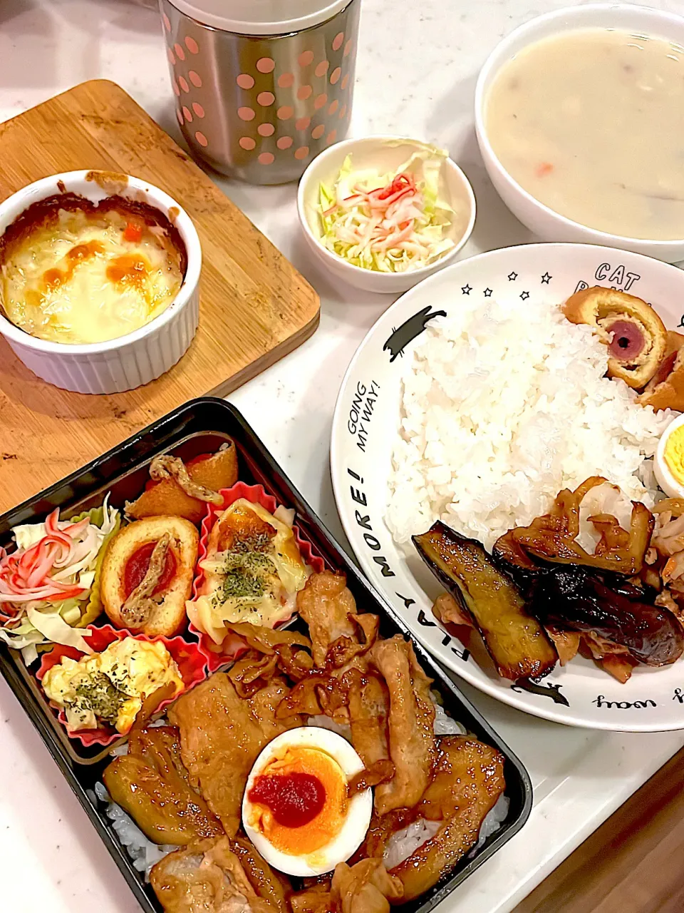 おっさん弁当&ワンプレート　肉味噌炒め　蓮根のチンピラ　板東英二　グラタン　シチュー|ひげおやじさん