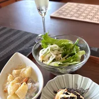 #本日の肴#牡蠣のクリーム煮#ツナ塩昆布和え#サラダ#クレマンスパークリングワイン| ranさん