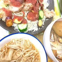 鶏皮唐揚げ梅ソースサラダ、なめ茸、ブリ大根| まみみさん