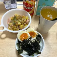 煮卵丼、じゃがいもとツナのマヨ炒め(夜)| ＾＾さん